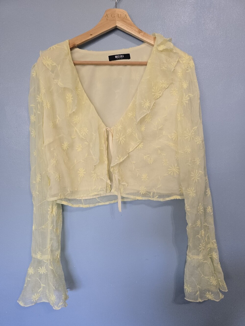 Miss Lola Sheer Pale Yellow Floral Tie-Front Blouse